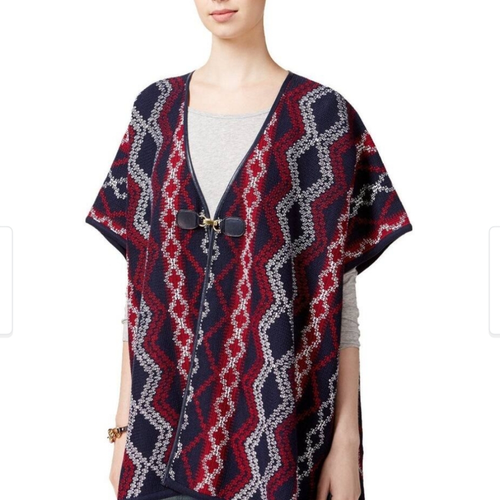 Tommy Hilfiger Southwestern Printed Poncho Aztec Blue Red One Size Native